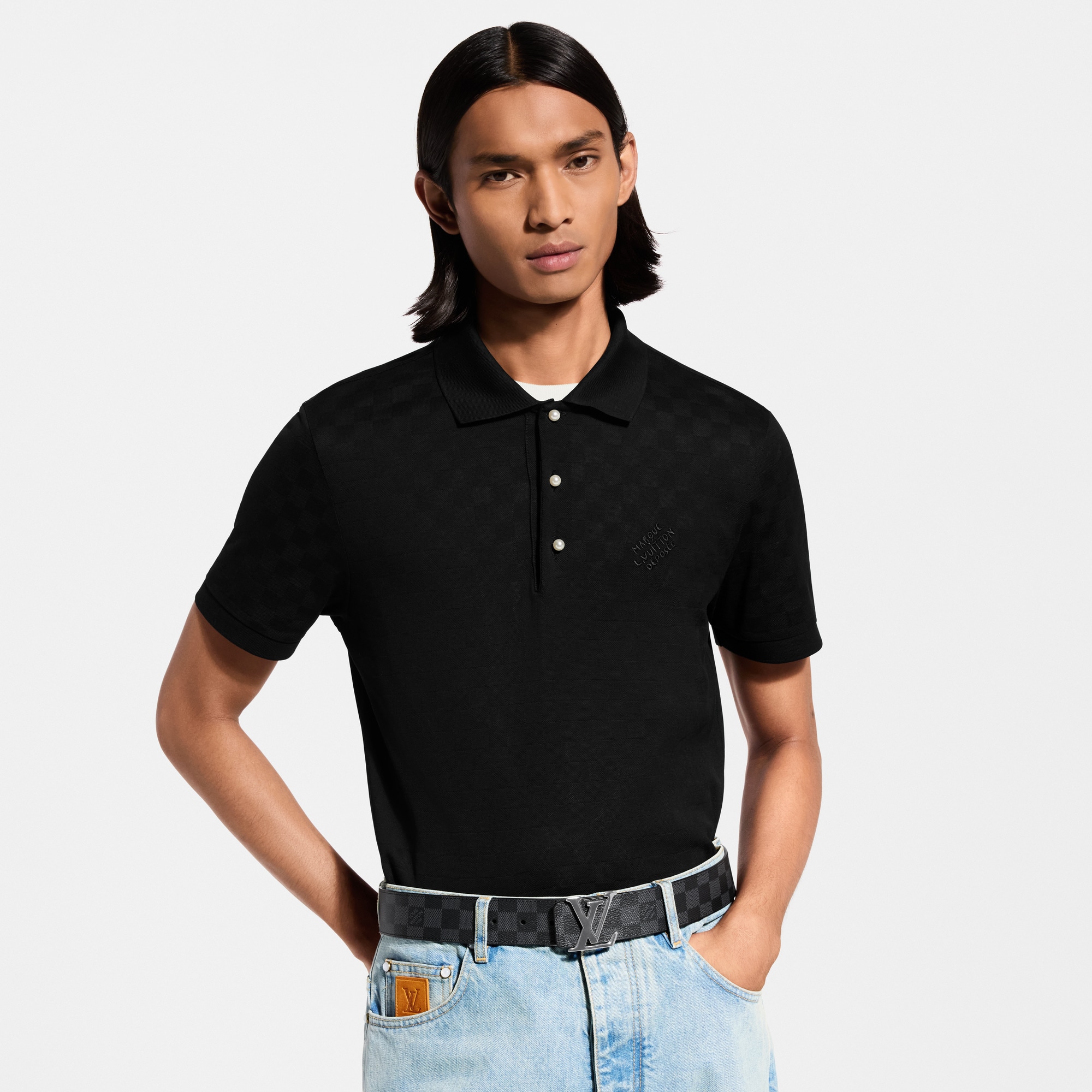 【極美品】LOUIS VUITTON ポロシャツ 黒 L ボタン ダミエ Damier Signature Polo Shirt - For Men | LOUIS VUITTON